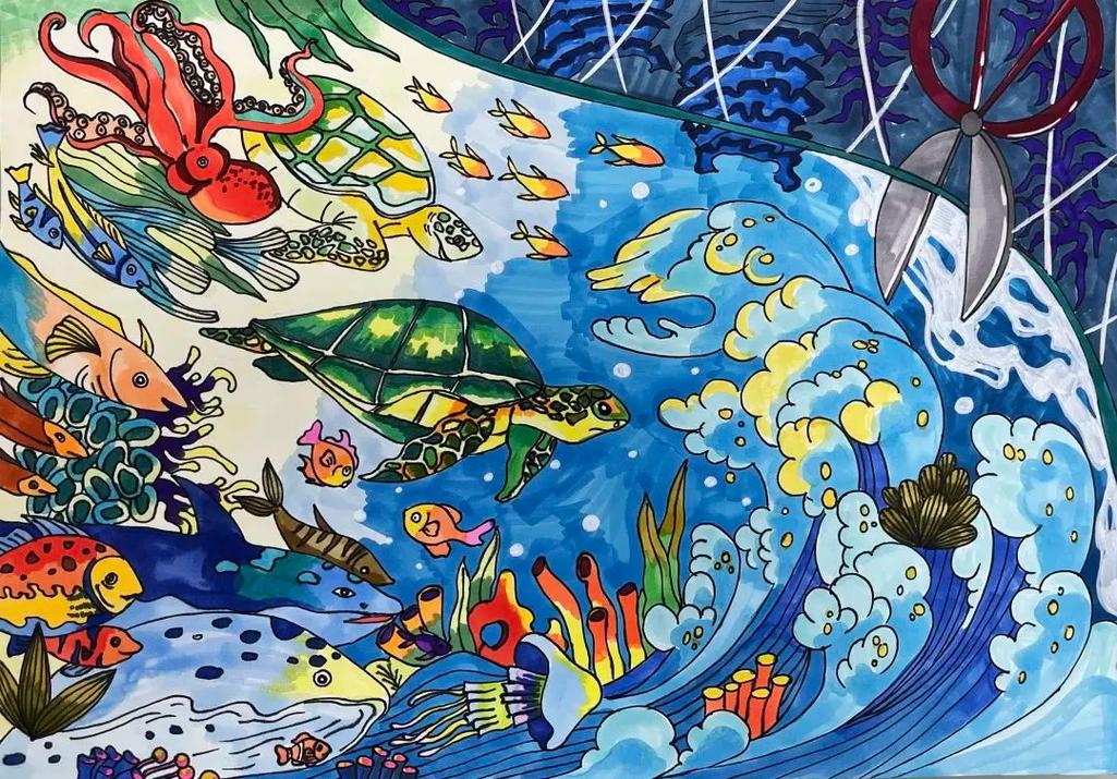 海洋环保创意画，海洋环保创意画作品-图1